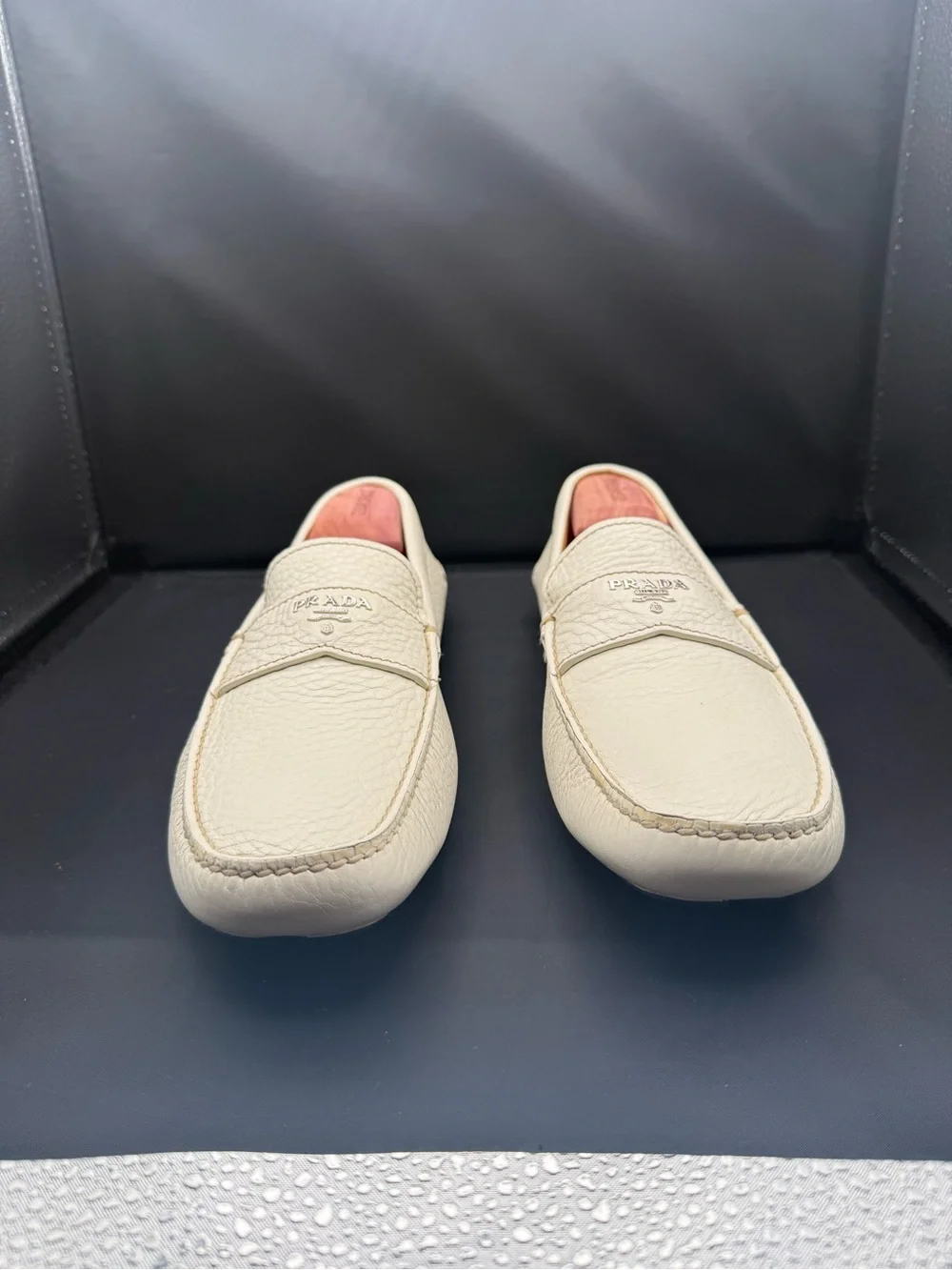 Prada Off White Grained Leather Driving Loafers Shoes 10